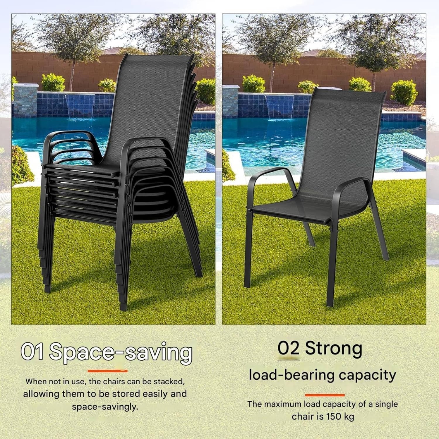 Set of 6 Stackable Garden Chairs High Back Armrest Outdoor Patio Seats