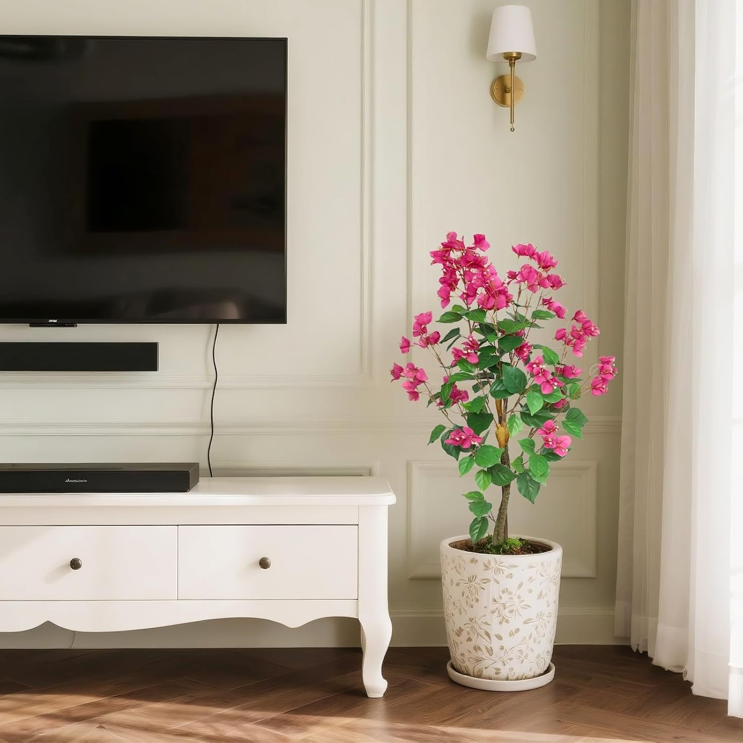 3.6FT Artificial Bougainvillea Tree Pink Floral Plant in Pot Home Decoration