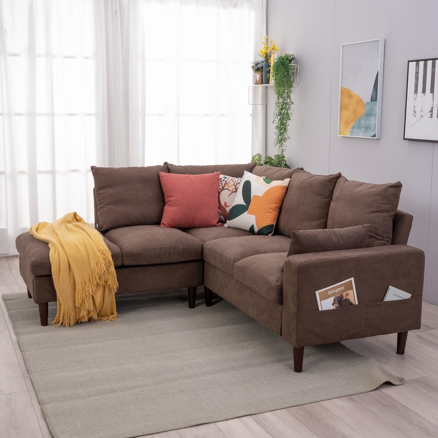 5 Seater L Shape Corner Sofa w/ Chaise & USB Charging | Brown Linen