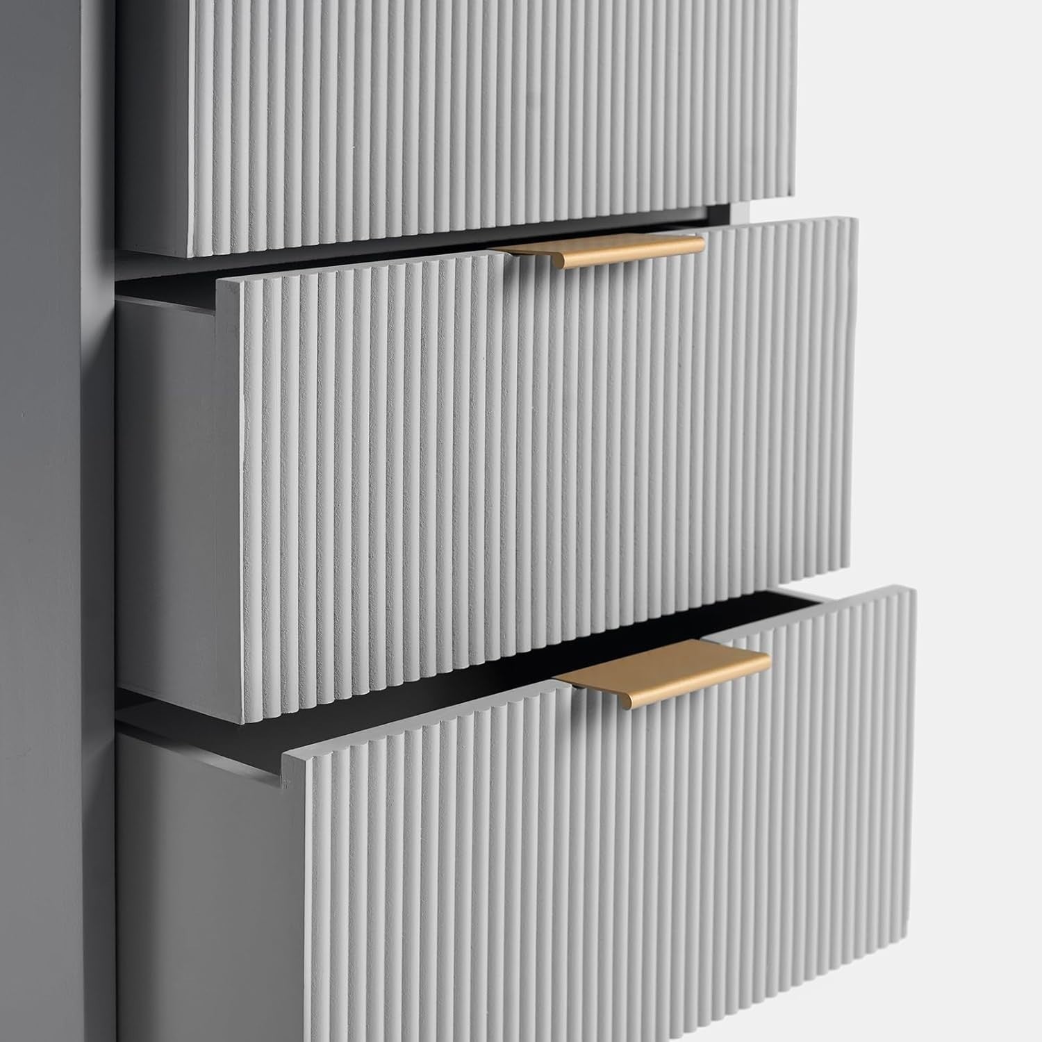 Modern Grey 4 Drawer Bedside Table | Ribbed Wood Nightstand with Gold Legs