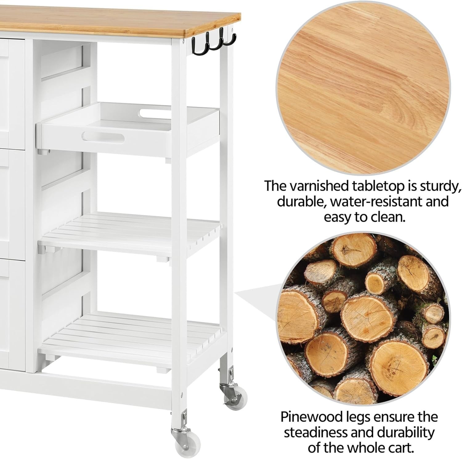 White Kitchen Storage Trolley on Wheels with Drawers, Shelves & Detachable Tray