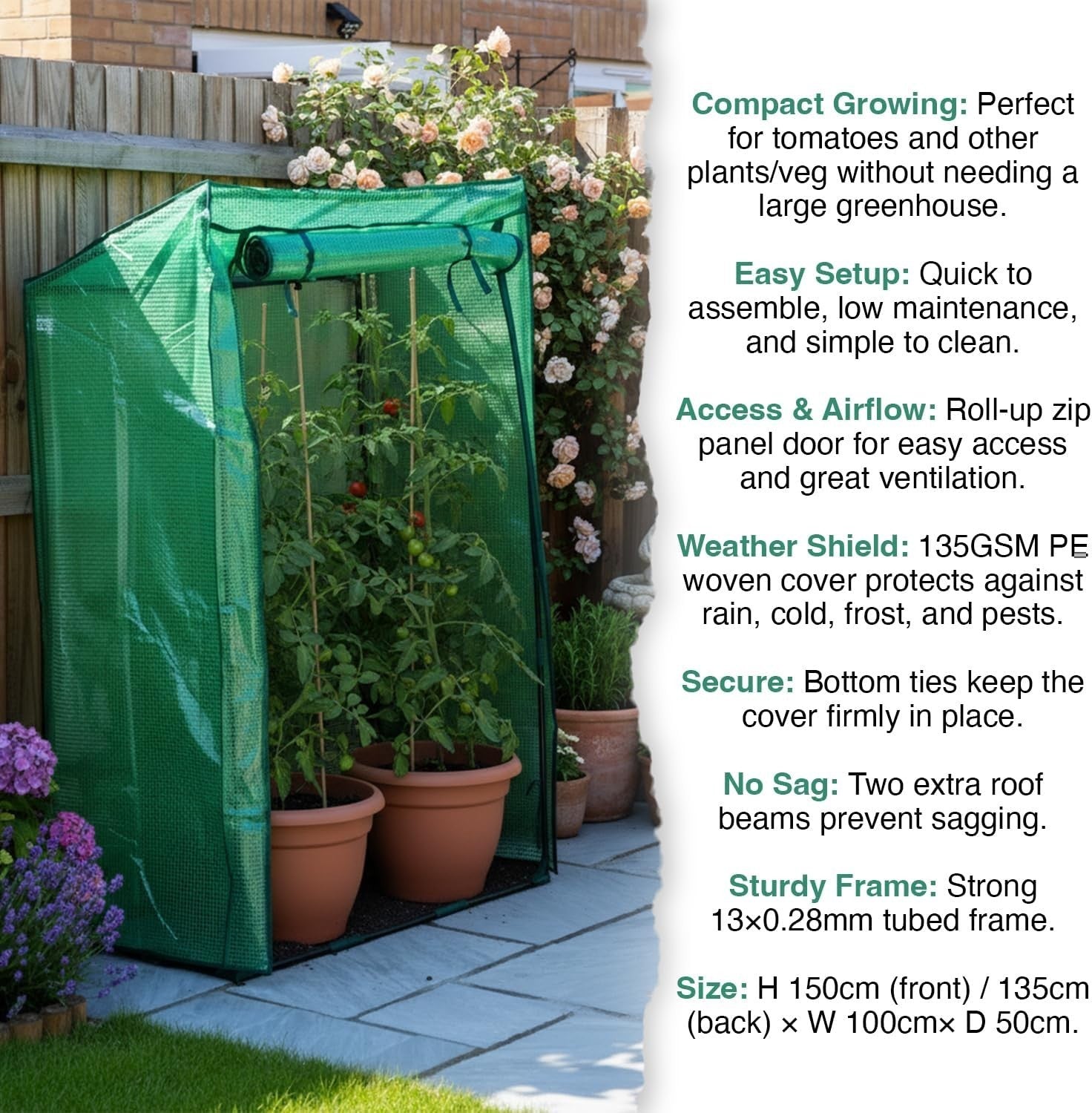 Reinforced Tomato Greenhouse with Zip Door Weatherproof PE 100x50x150cm