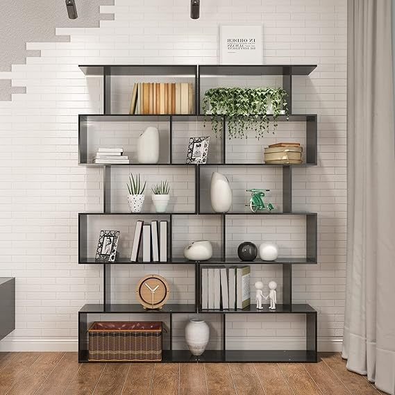 6-Tier S-Shaped Bookshelf Black | Tall Modern Display Shelf Unit for Home Office