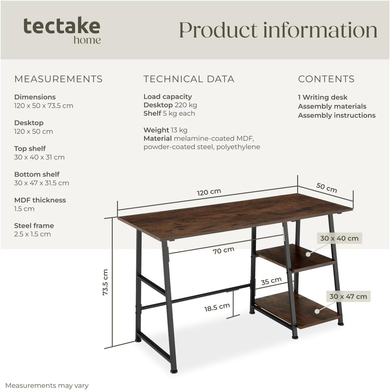 Modern Computer Desk Dark Wood 120cm with 2 Shelves & Steel Frame Office Table