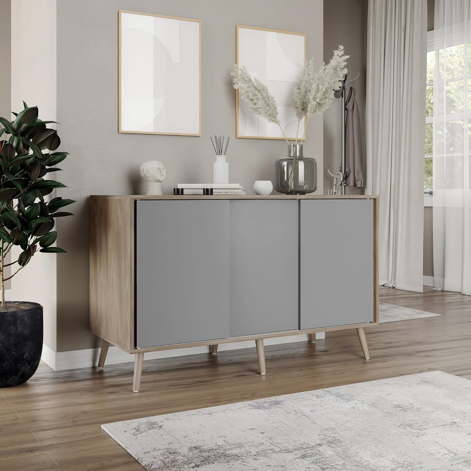 Grey Sliding Door Sideboard Oak Storage Cabinet with Beech Wooden Legs