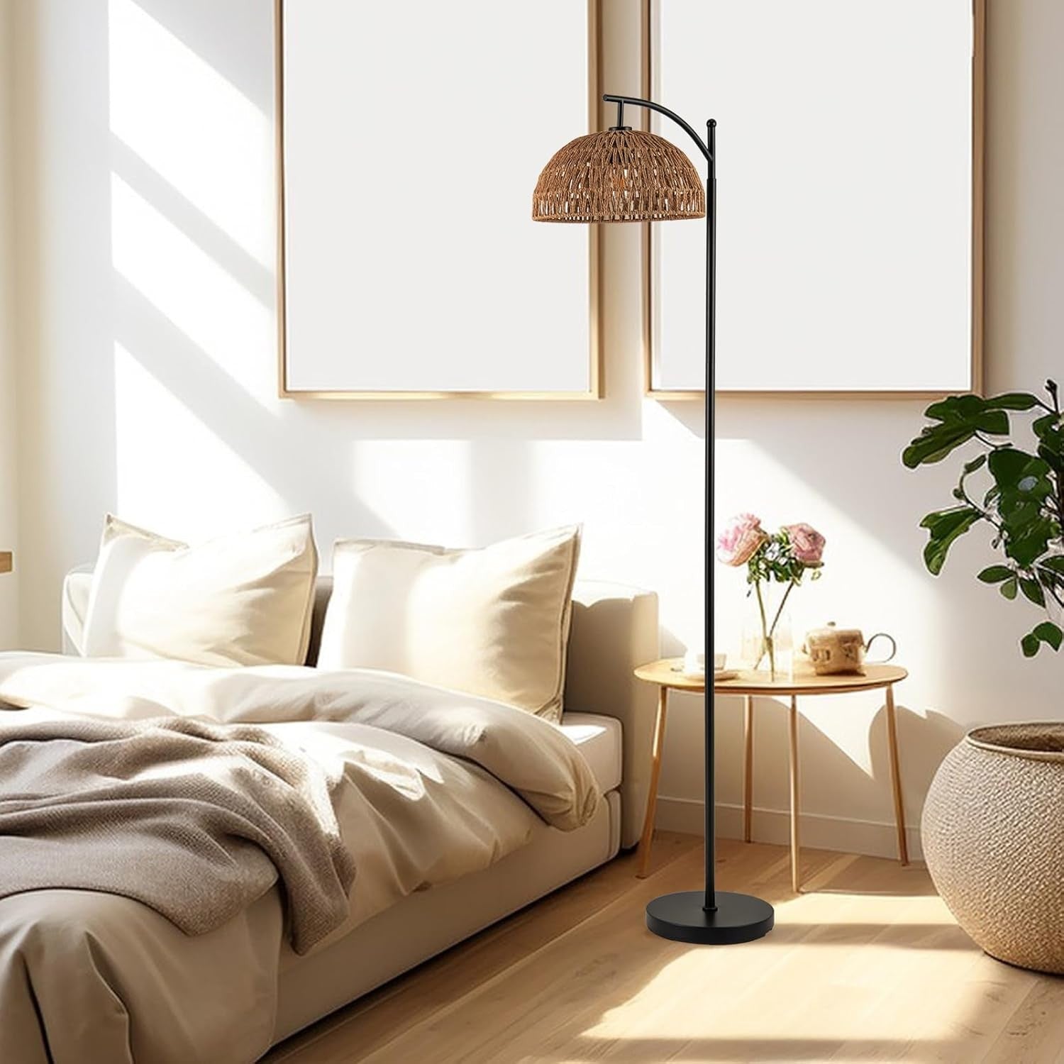 Arc Floor Lamp Natural Rattan Shade Black Stand Corner Reading Light 160cm