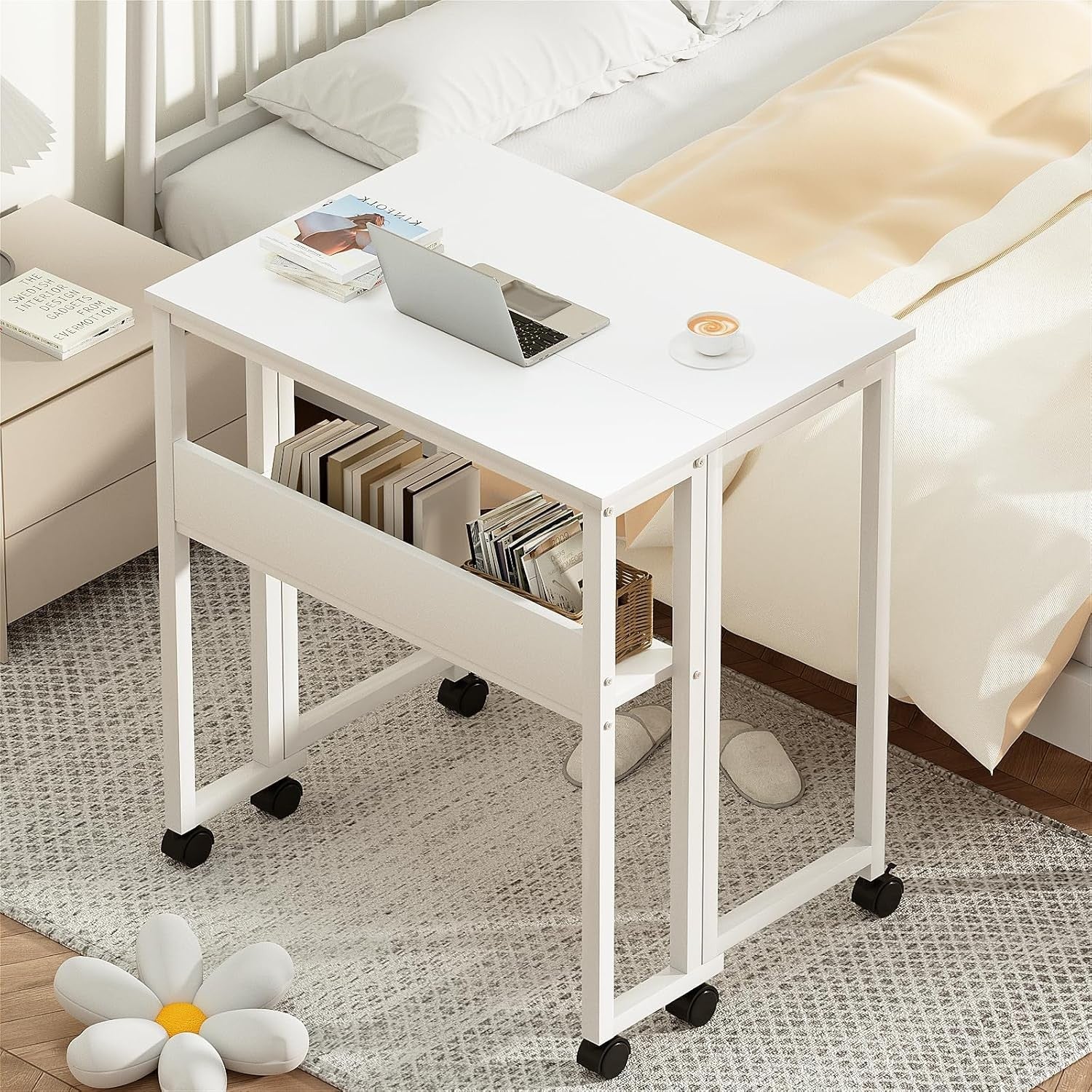 Folding Computer Desk on Wheels with Storage Shelf Space Saving White 80cm