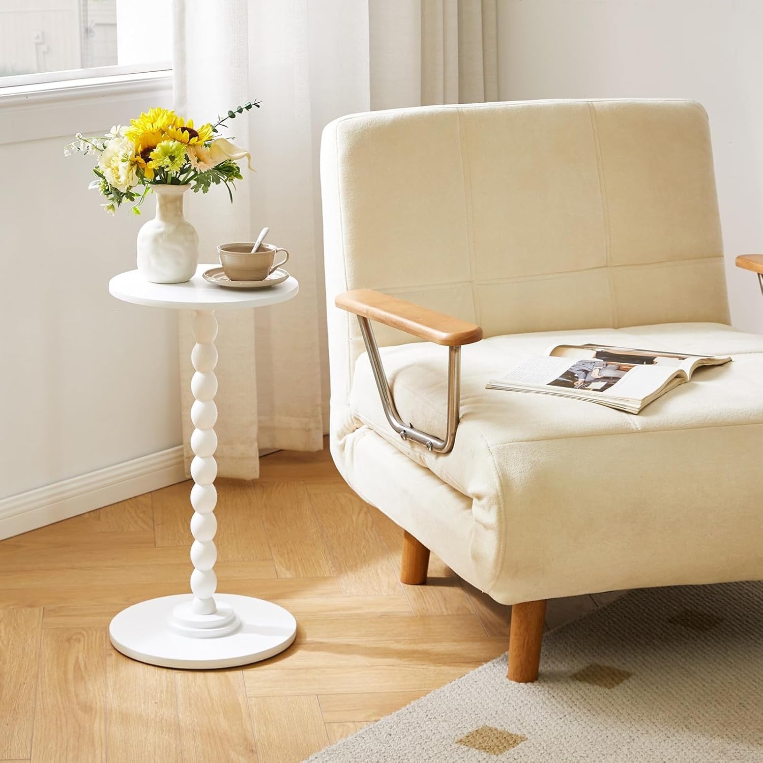White Round Side Table – Modern Slim Accent Table with Solid Wood Leg for Small
