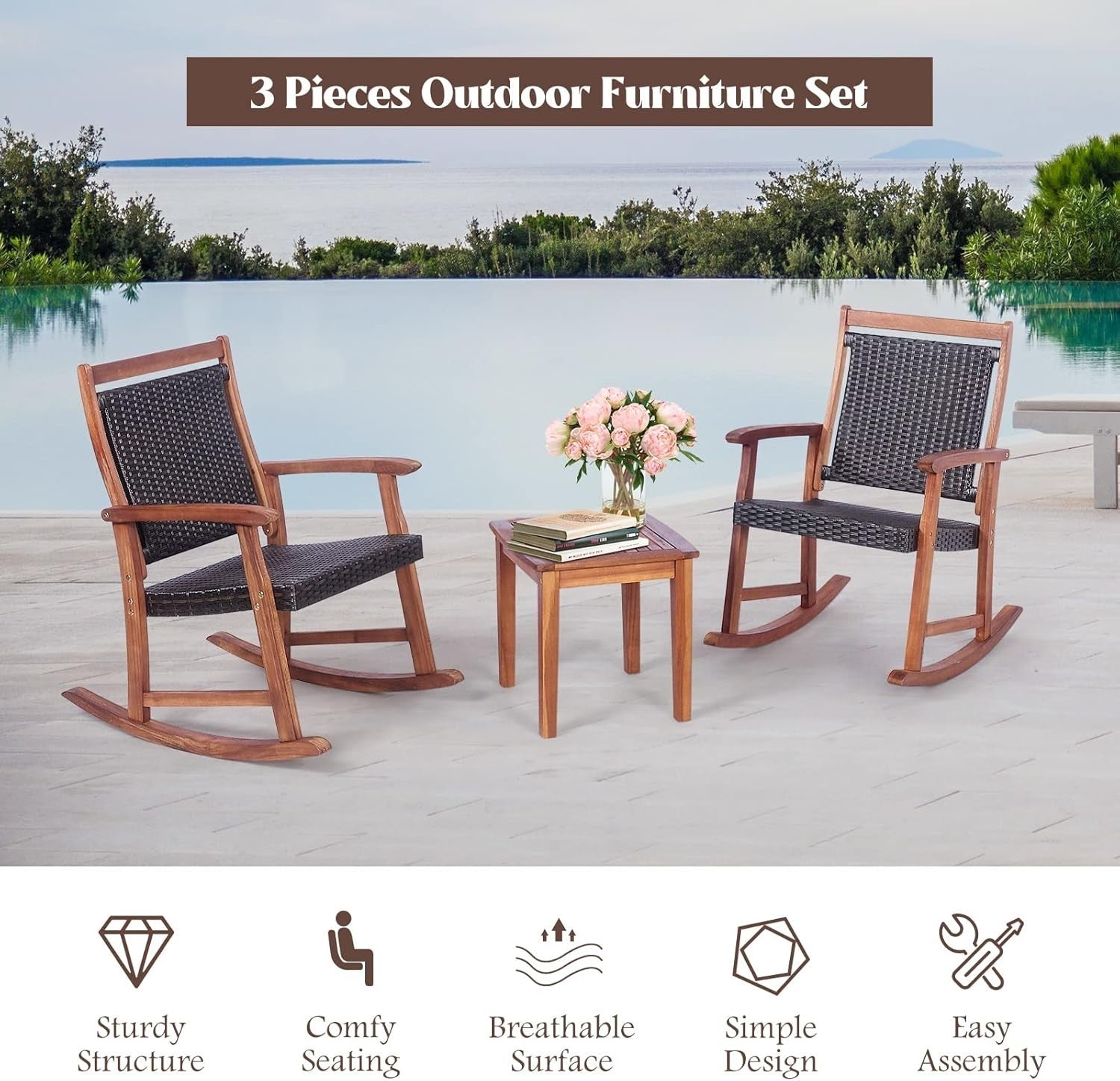 3-Piece Outdoor Rocking Chair Set with Table – Comfortable Patio Bistro