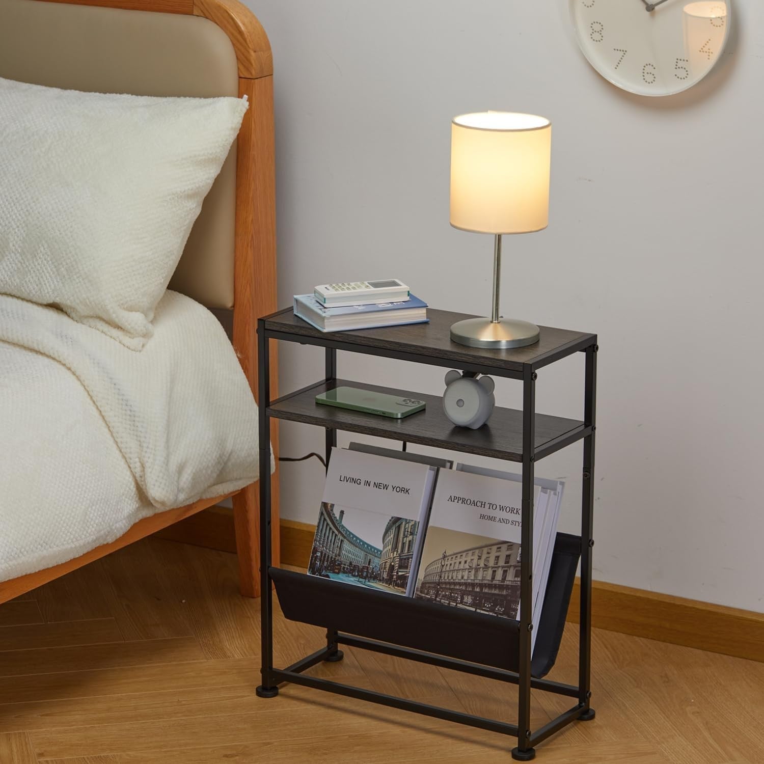Narrow Side Table with Storage – Slim Grey End Table for Small Spaces & Sofa