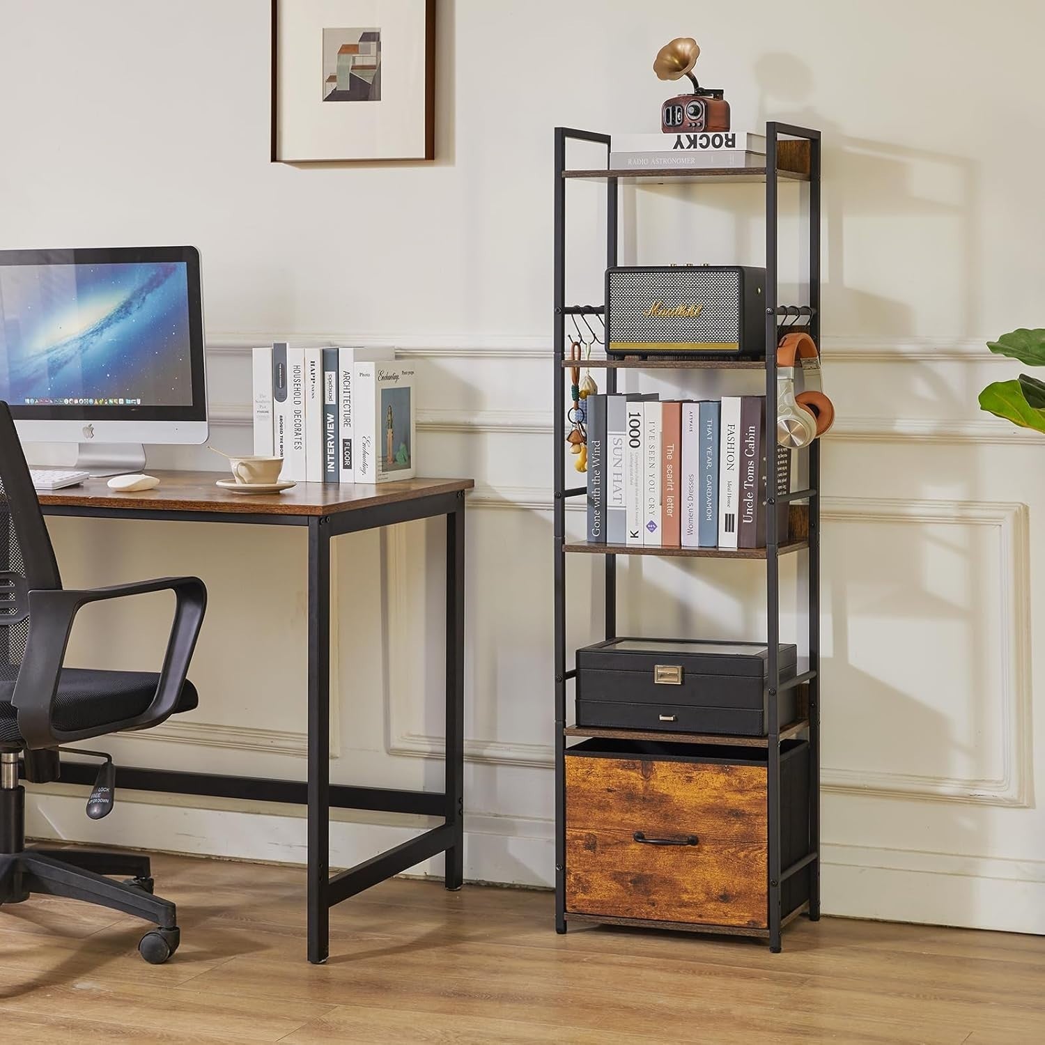 5 Tier Industrial Bookcase with Fabric Drawers Metal Frame Rustic Brown