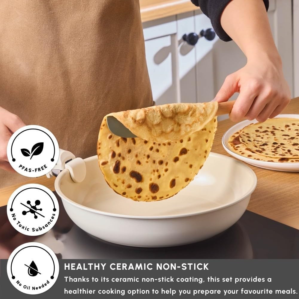 6Pcs Cream Ceramic Non Stick Cookware Set with Detachable Handle with Lids