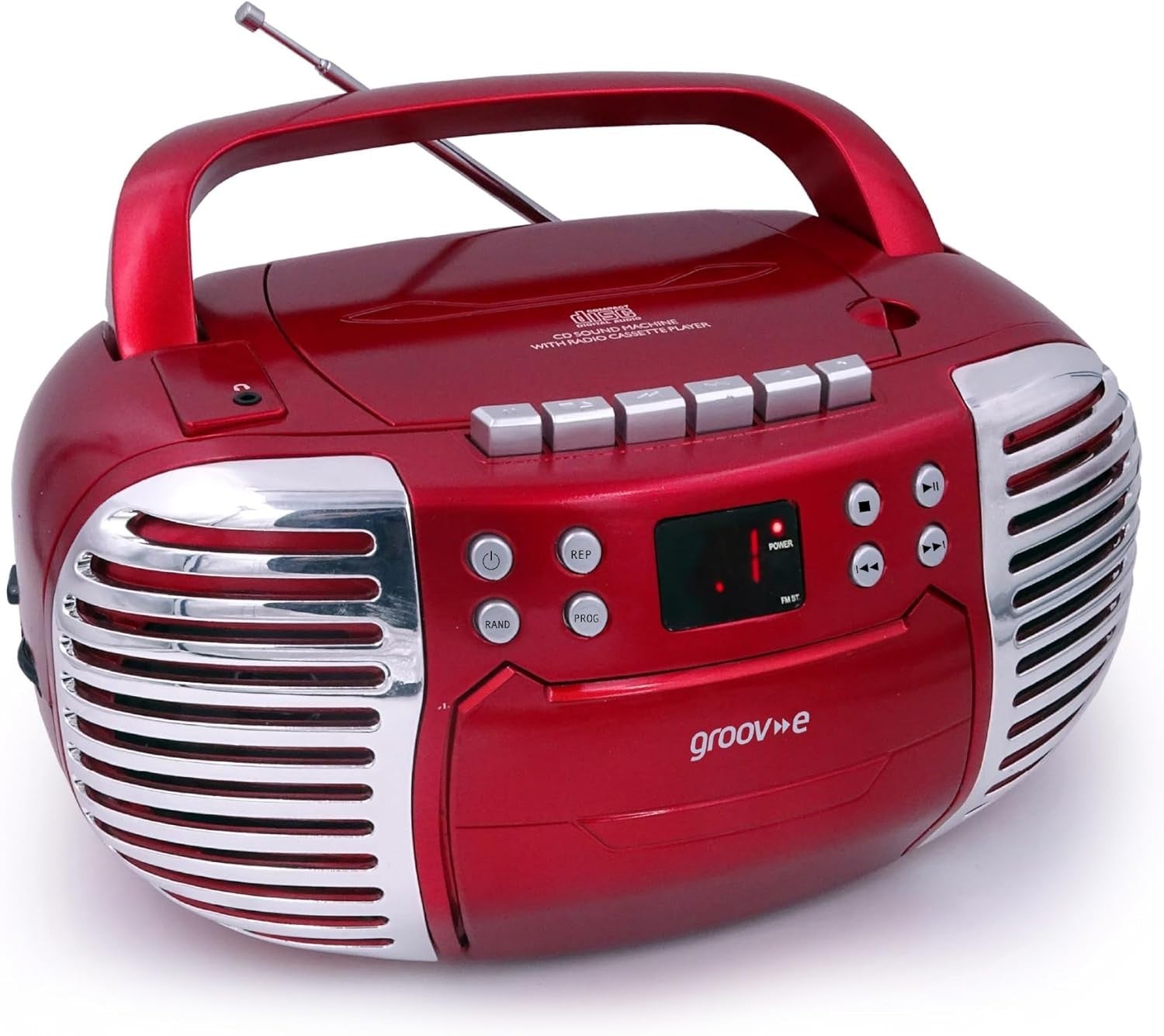 Retro Boombox CD & Cassette Player with Radio, Aux & Headphones – Red