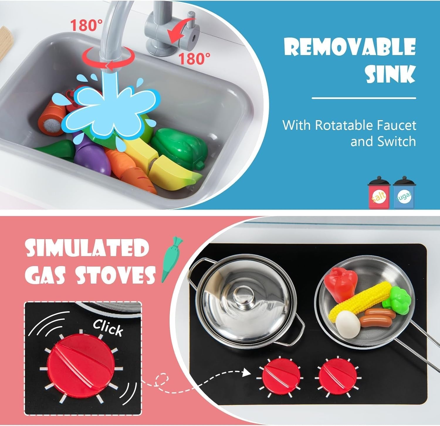 Wooden Kids Play Kitchen Light Pink Toy Set Oven Microwave Sound