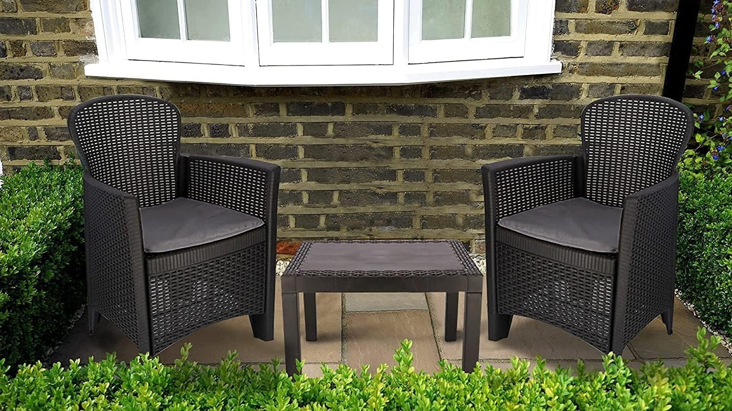 Rattan Garden Bistro Set 2 Chairs with Cushions Compact Patio Table Set