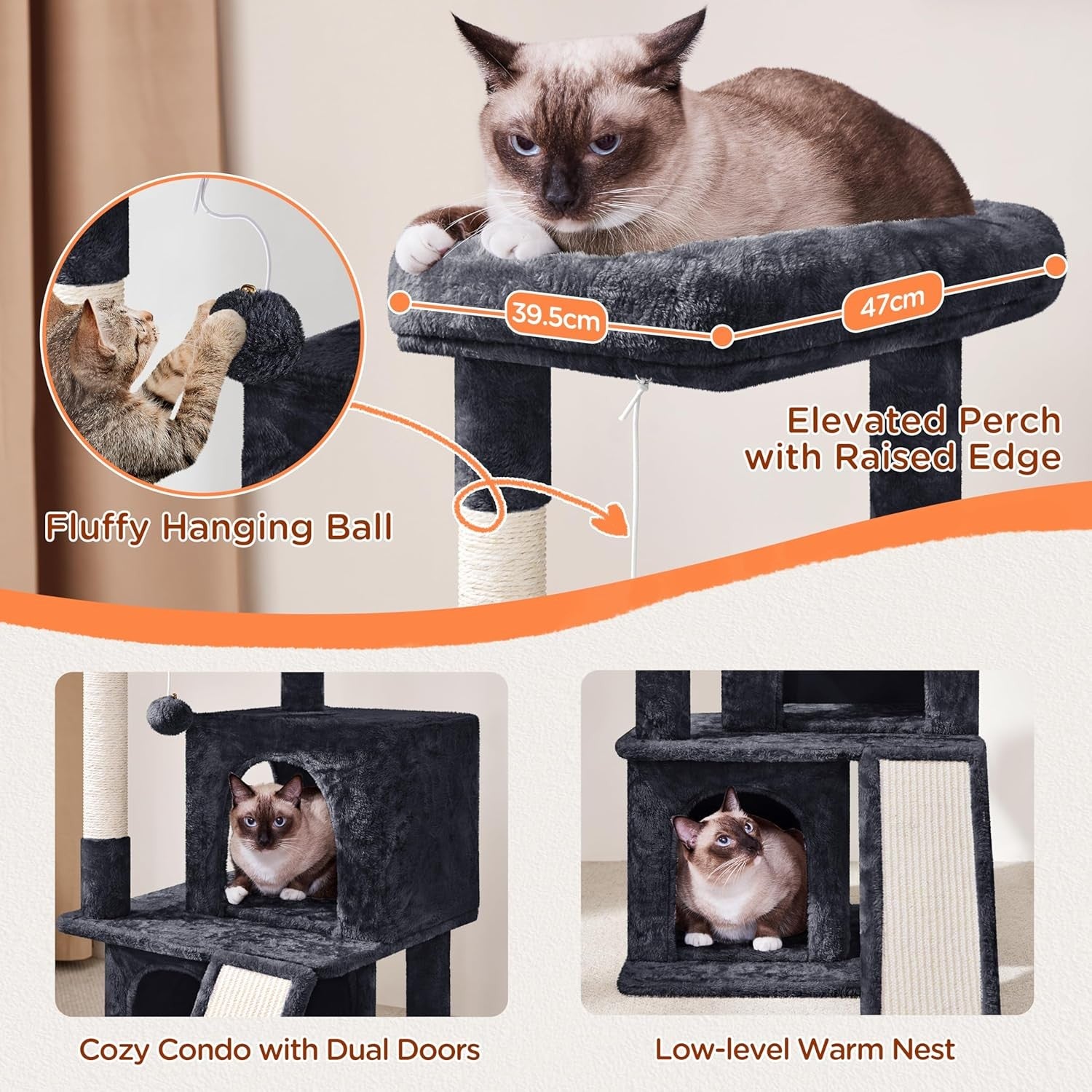 92cm Cat Tree Tower Multi Level Double Condo Scratching Post Black