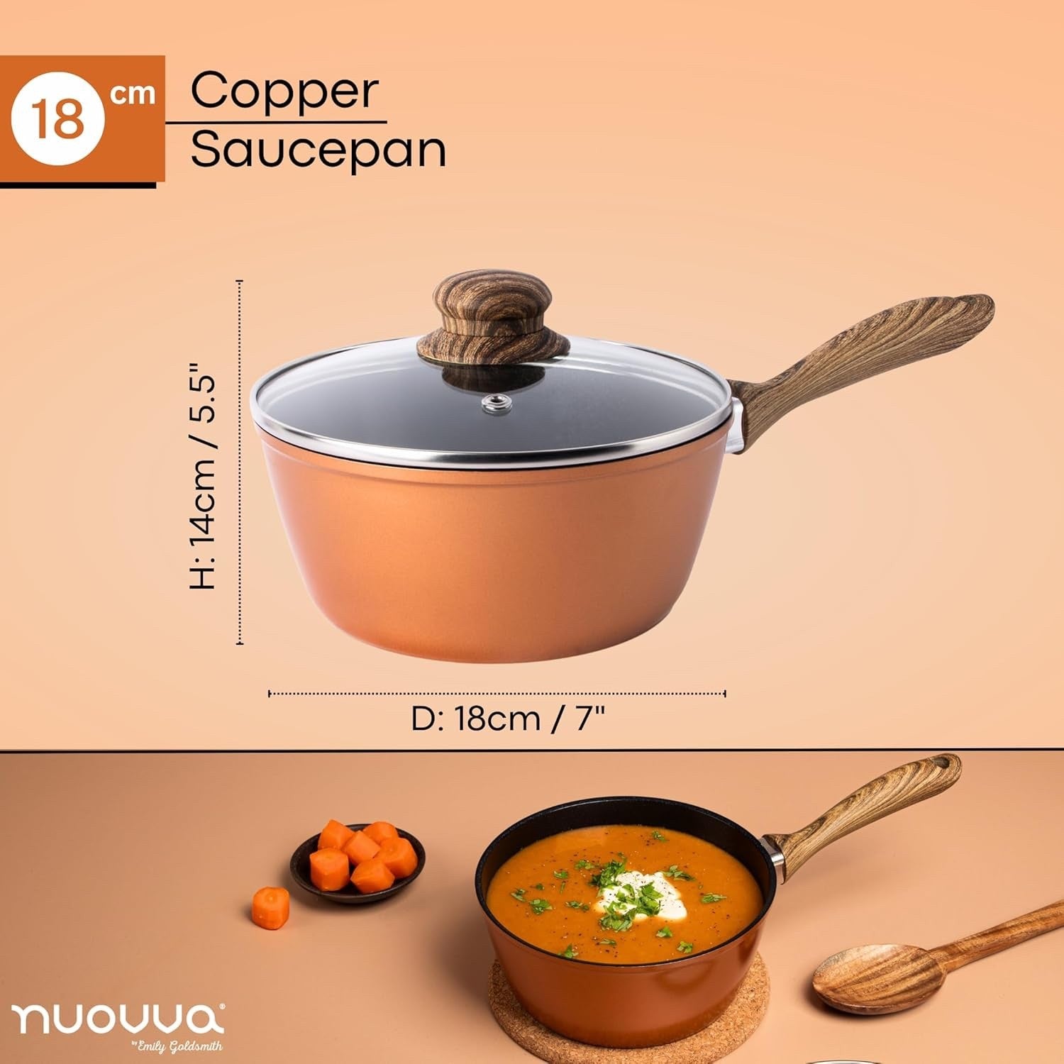 18cm Non-Stick Copper Saucepan with Glass Lid Induction & Gas Ready