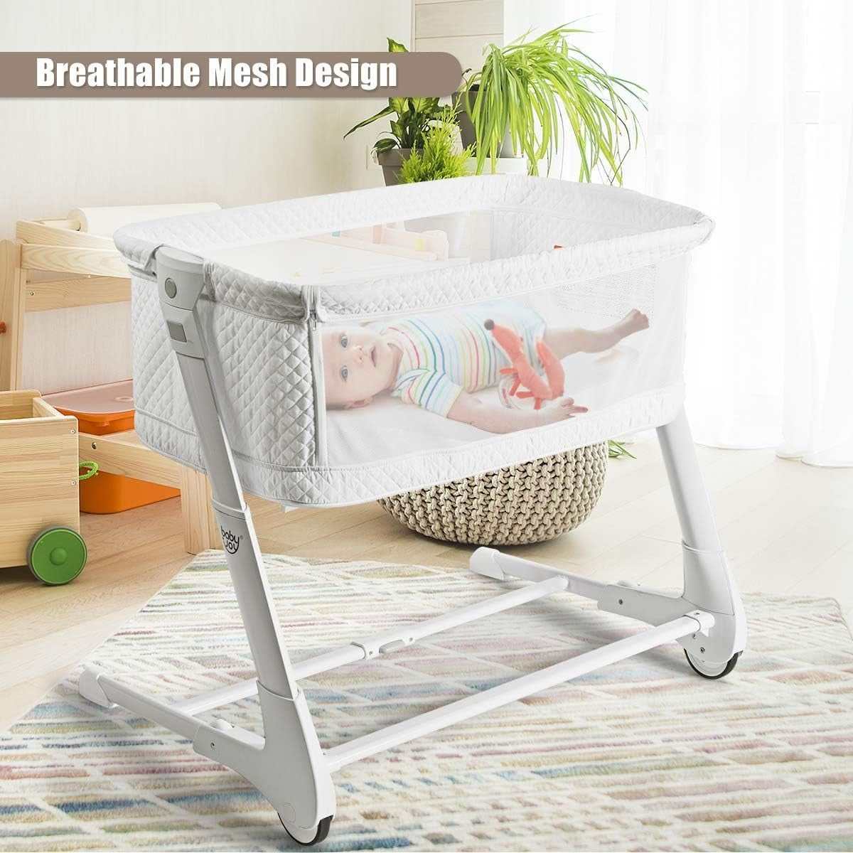 Bedside Baby Crib Adjustable Bassinet with Mattress & Wheels, Breathable White