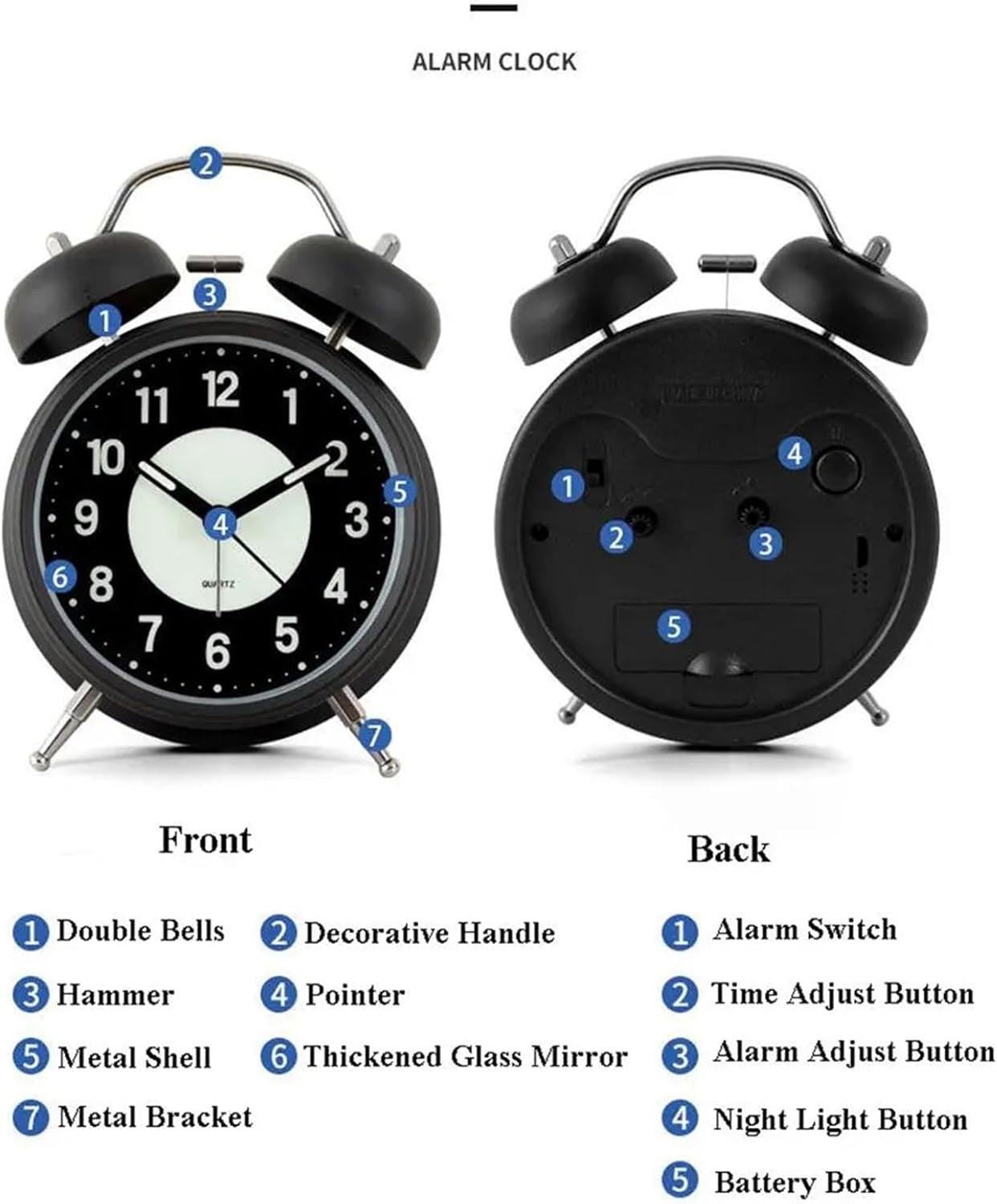 Analog Luminous Alarm Clock Loud Twin Bell Backlight Retro for Heavy Sleepers