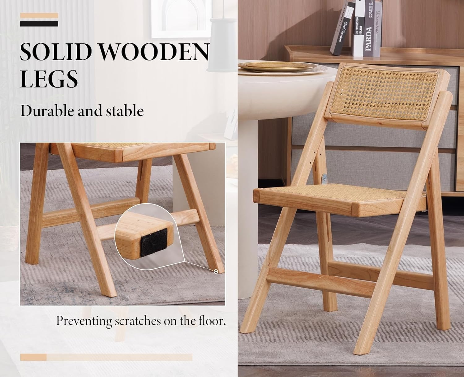 Beige Foldable Rattan Dining Chairs Set of 2 Space Saving Wooden Kitchen Seats