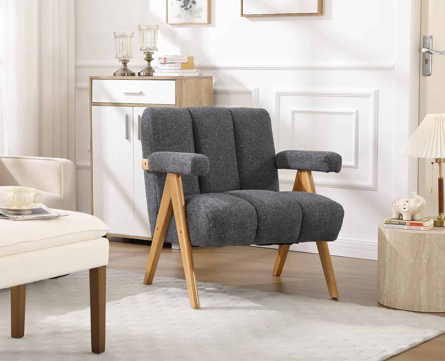 Grey Chenille Accent Armchair Lounge Chair Solid Wood Legs