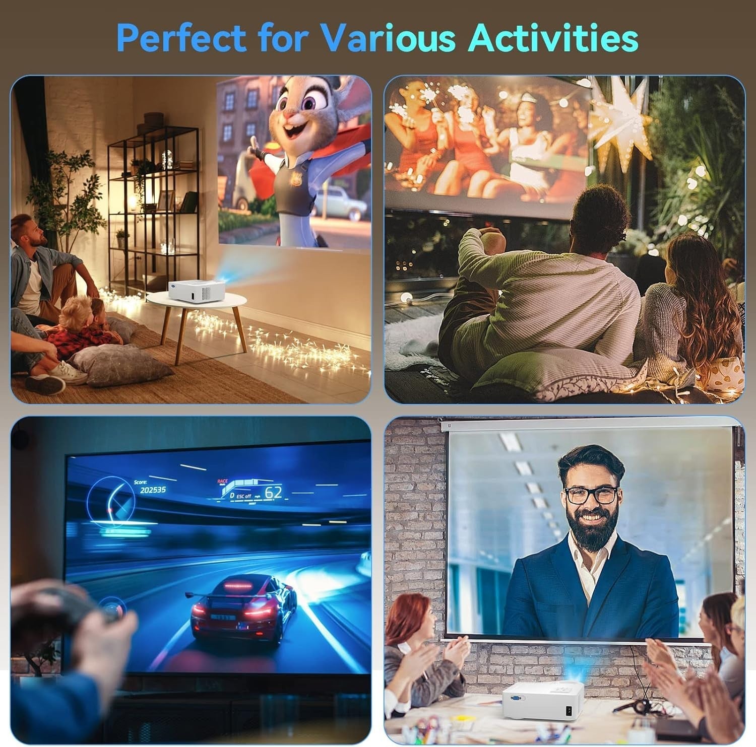 1080P WiFi 5G Bluetooth Projector 380 ANSI 200" 4K Outdoor