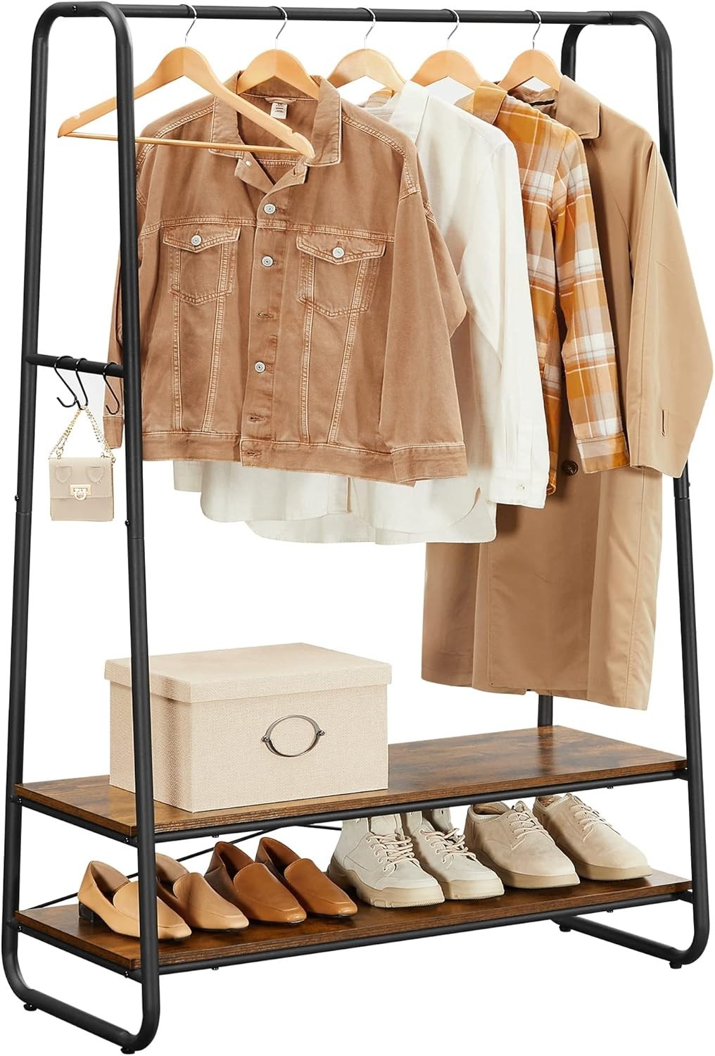 Heavy Duty Clothes Rail with Shelves & Hooks Rustic Brown Black
