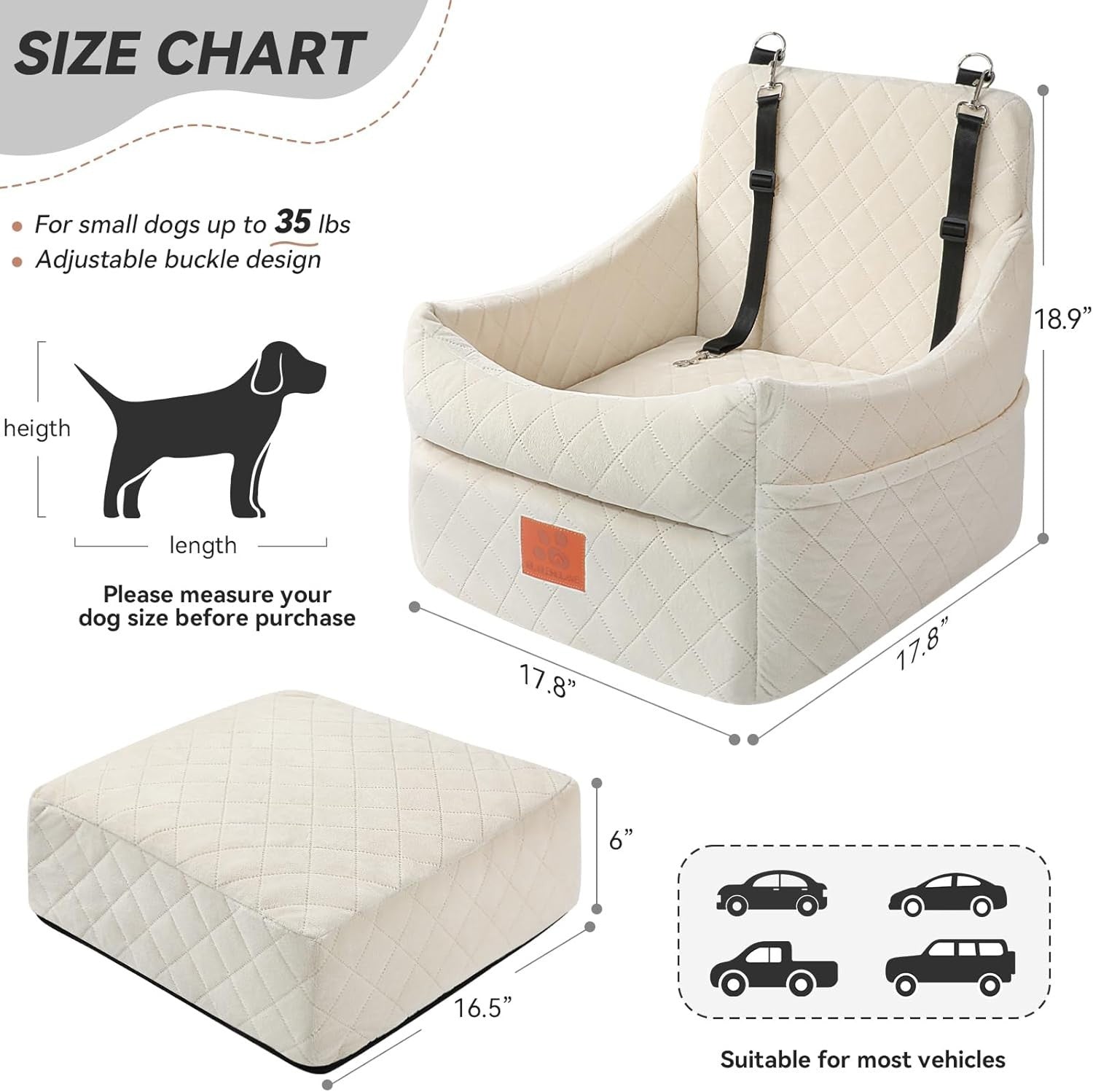 Elevated Memory Foam Dog Car Seat Washable Booster Bed Up to 35lbs