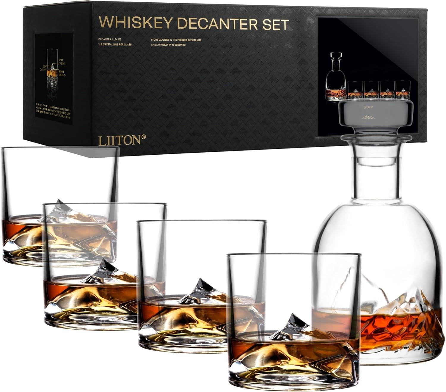 1L Whiskey Decanter Gift Set with 4 Glasses | Premium Crystal Mountain Design