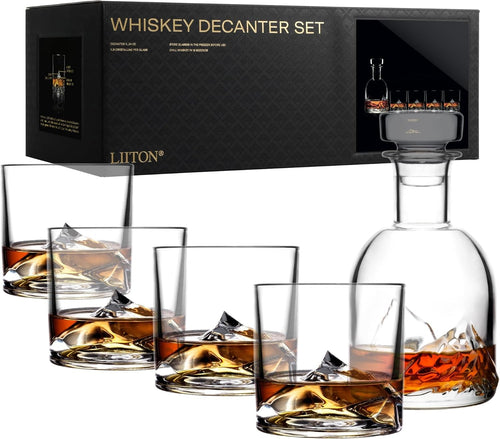 1L Whiskey Decanter Gift Set with 4 Glasses | Premium Crystal Mountain Design