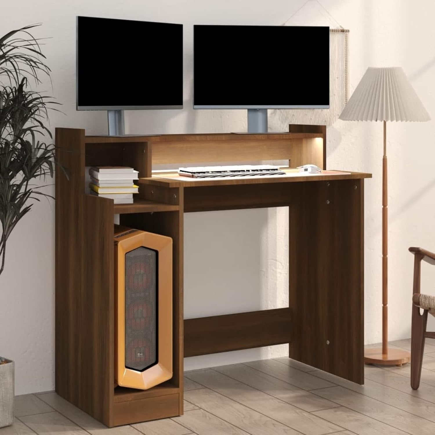 Modern Wooden Computer Desk with LED Lighting and Monitor Shelf Oak Workstation