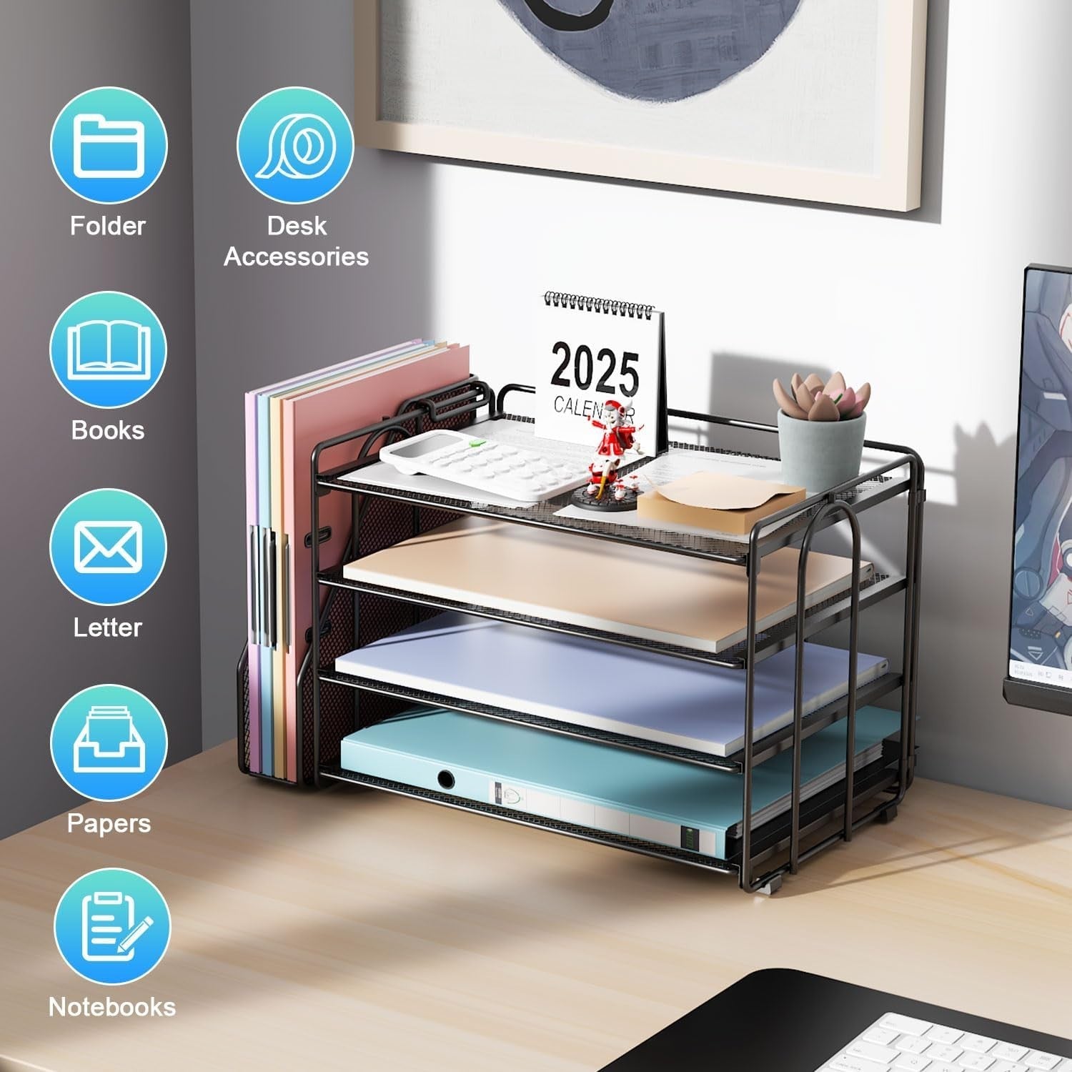 4-Tier Desk Organizer with Magazine Holder | Metal File & Paper Storage