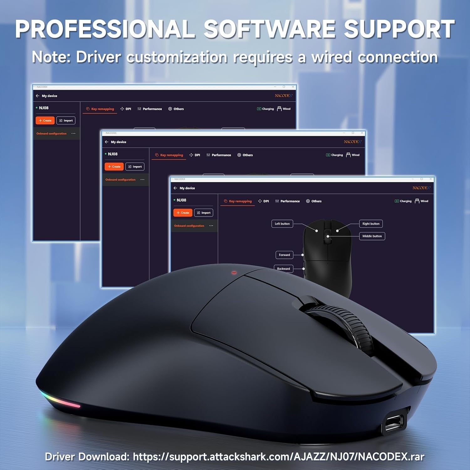 12800 DPI Tri-Mode Wireless Gaming Mouse 1000Hz RGB 70g Black