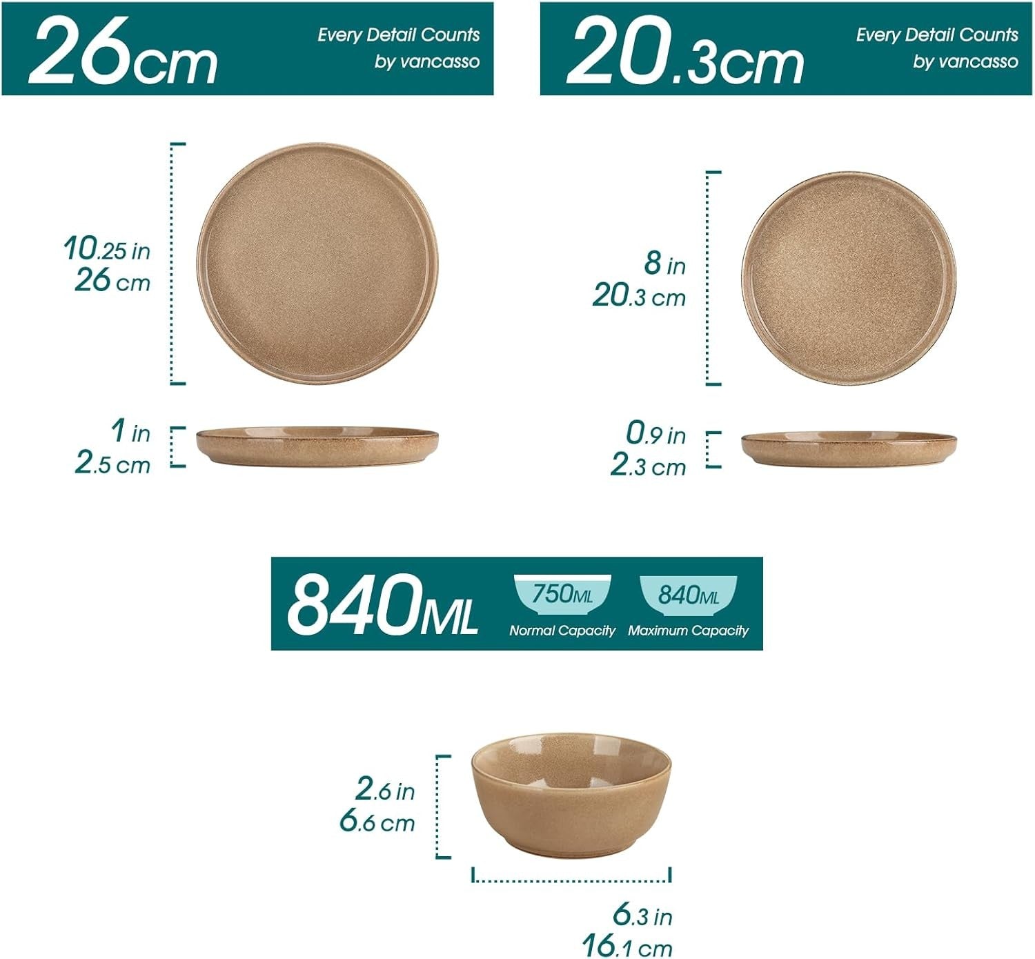 18pc Ceramic Dinner Set Caramel Plates Bowls Microwave Dishwasher Safe