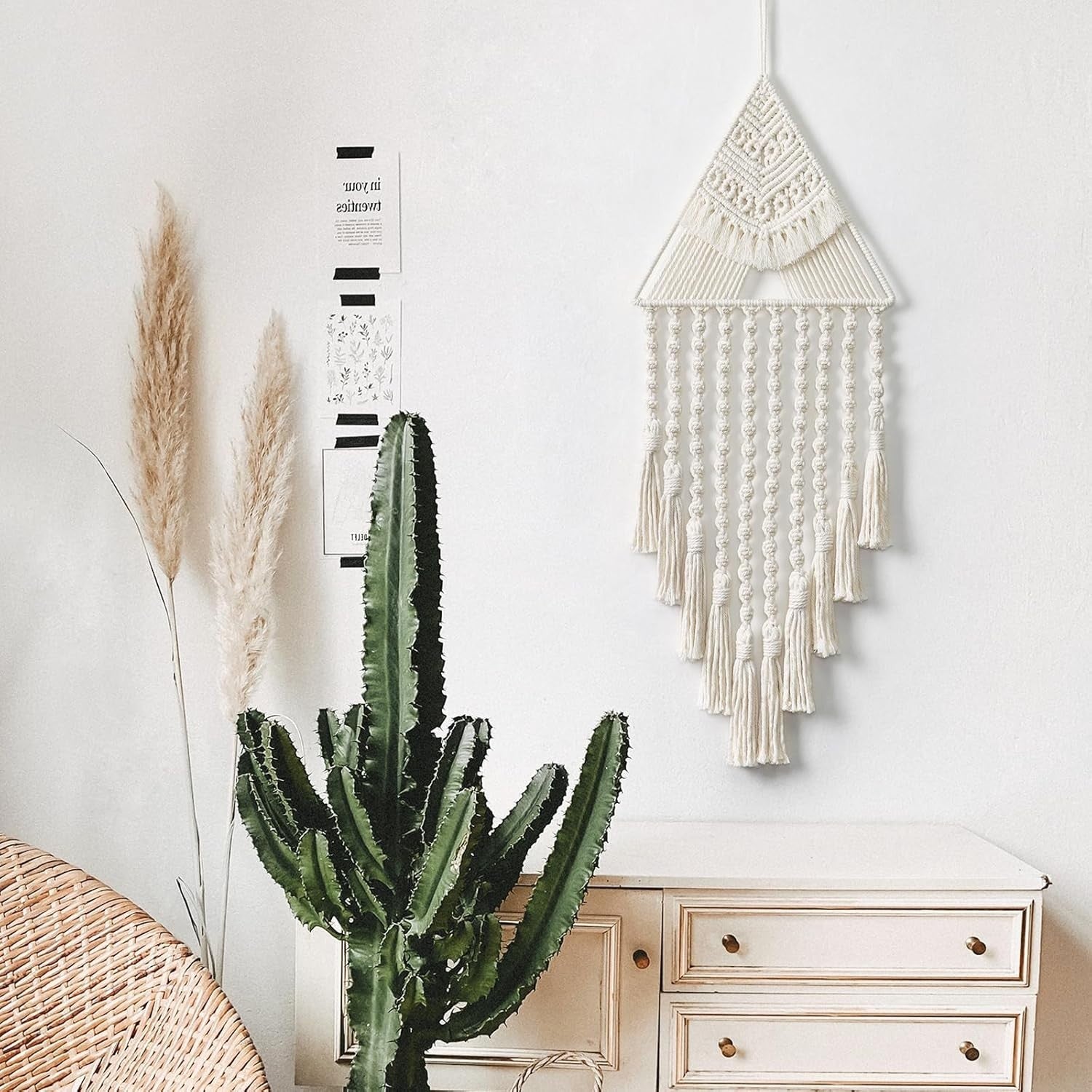 Beige Triangle Macrame Wall Hanging 27" Cotton Tassel Tapestry