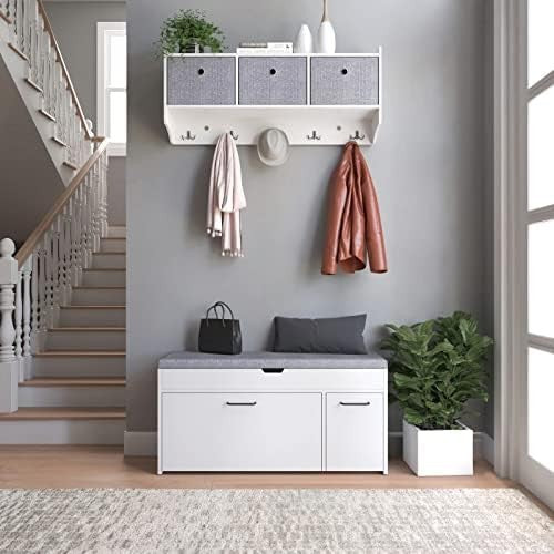 Modern Shoe Storage Bench Seat White Wood Flip Drawer Entryway Hallway Furniture