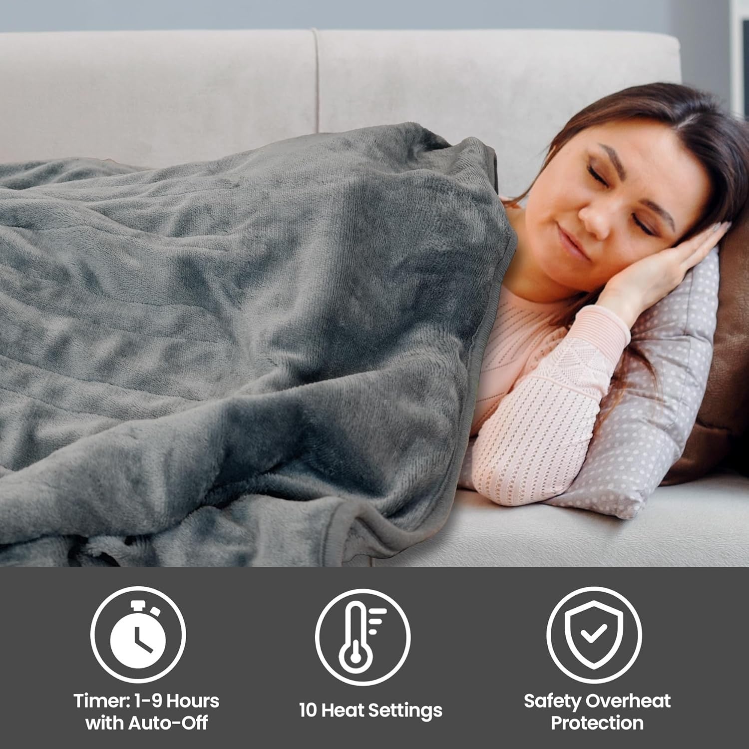 Grey Electric Heated Throw Blanket 120x160cm Soft Fleece Timer 10 Heat Levels