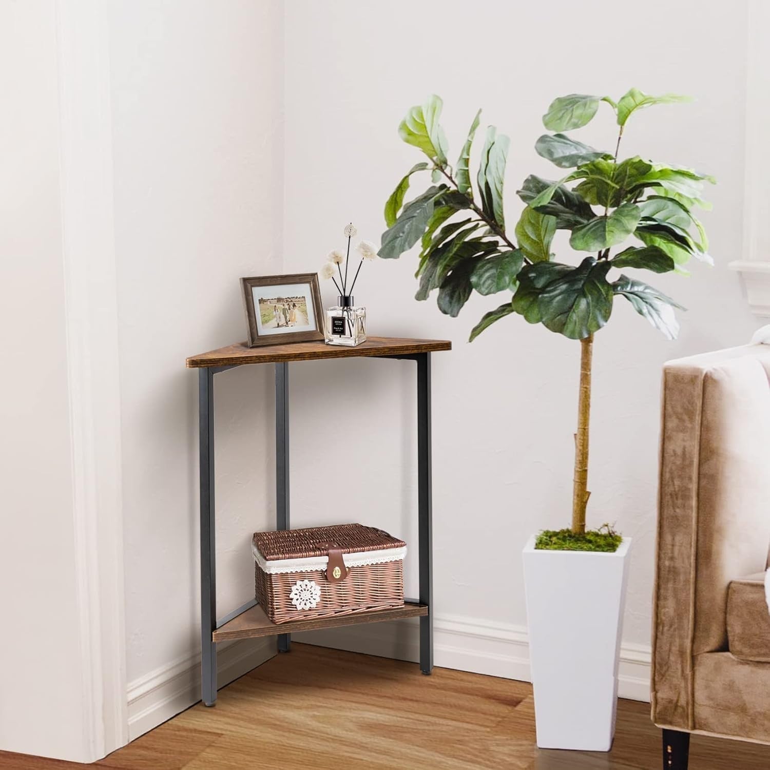 Space-Saving Triangle End Table with Magazine Rack – Durable Corner Nightstand
