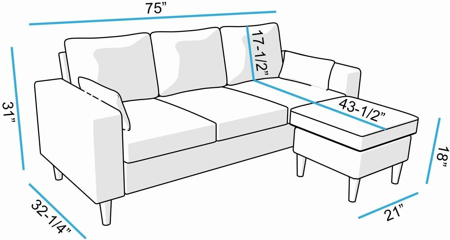 3 Seater Sofa with Footstool Brown Linen Reversible Chaise Cushioned Modern Couc
