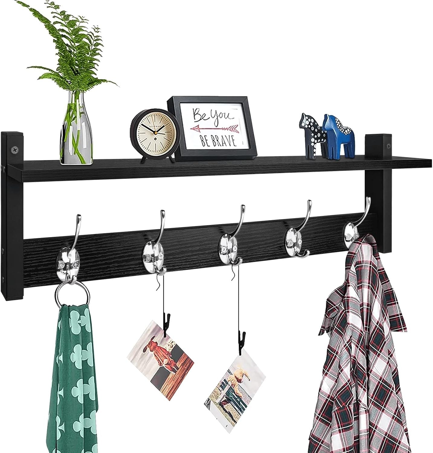24in Wall Mounted Coat Rack with Shelf Black Entryway Hat Towel Bag Hooks