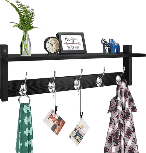 24in Wall Mounted Coat Rack with Shelf Black Entryway Hat Towel Bag Hooks