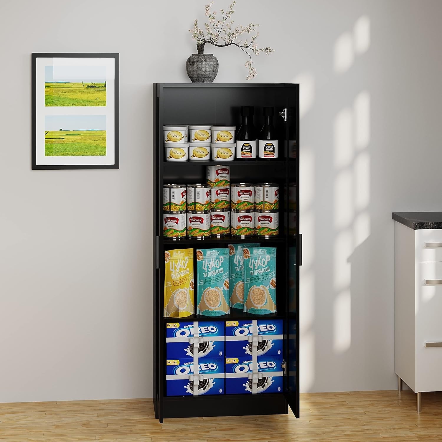Wooden Storage Cabinet, Freestanding Tall Kitchen Cupboard Narrow Pantry Cabinet