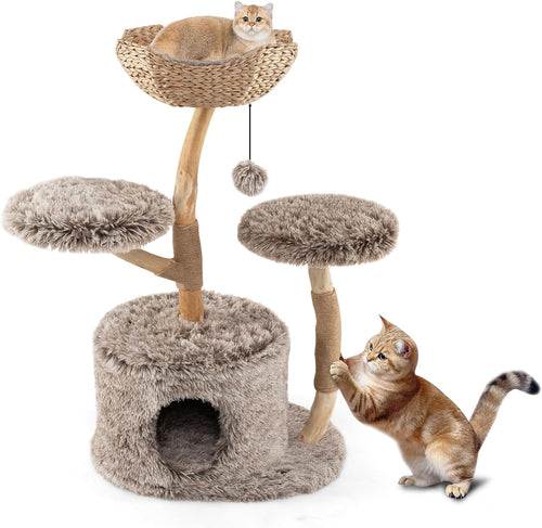 105cm Wooden Cat Tree Multi Level Tower with Basket Perch & Jute Scratching