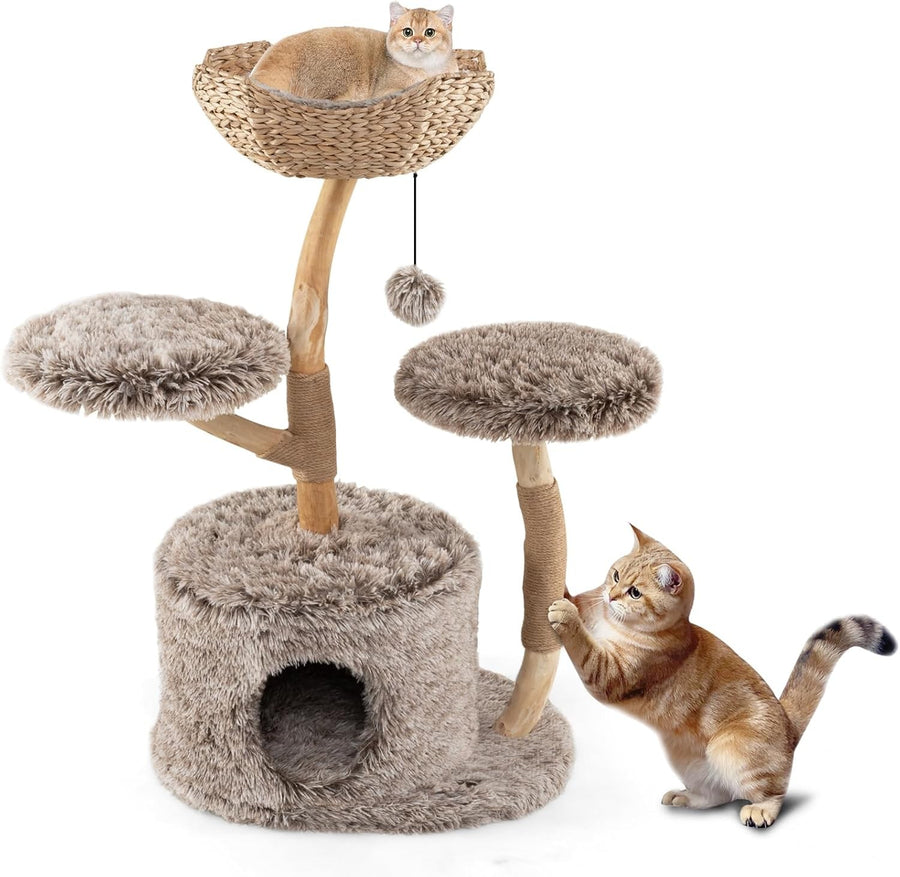 105cm Wooden Cat Tree Multi Level Tower with Basket Perch & Jute Scratching
