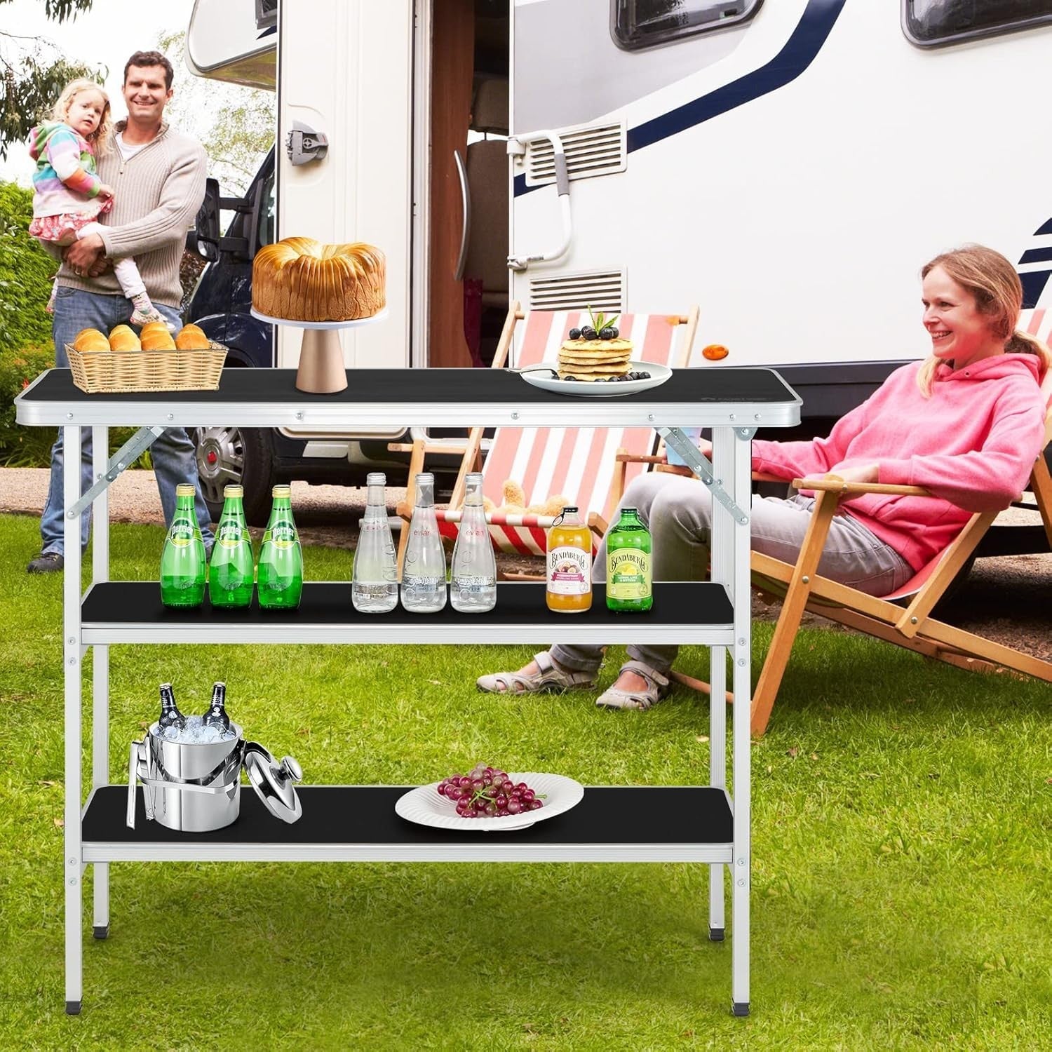 Folding Camping Table 110cm Portable Picnic Table 2-Tier Storage BBQ Outdoor