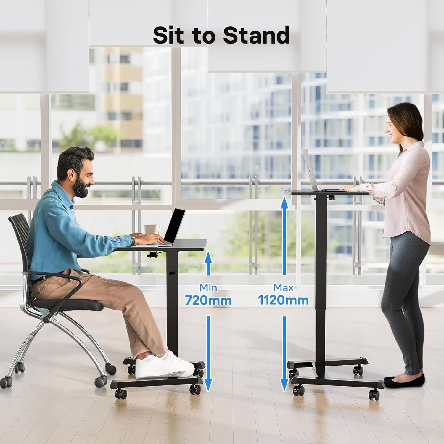 Mobile Standing Desk Height Adjustable Laptop Desk with Wheels 65x45cm Black