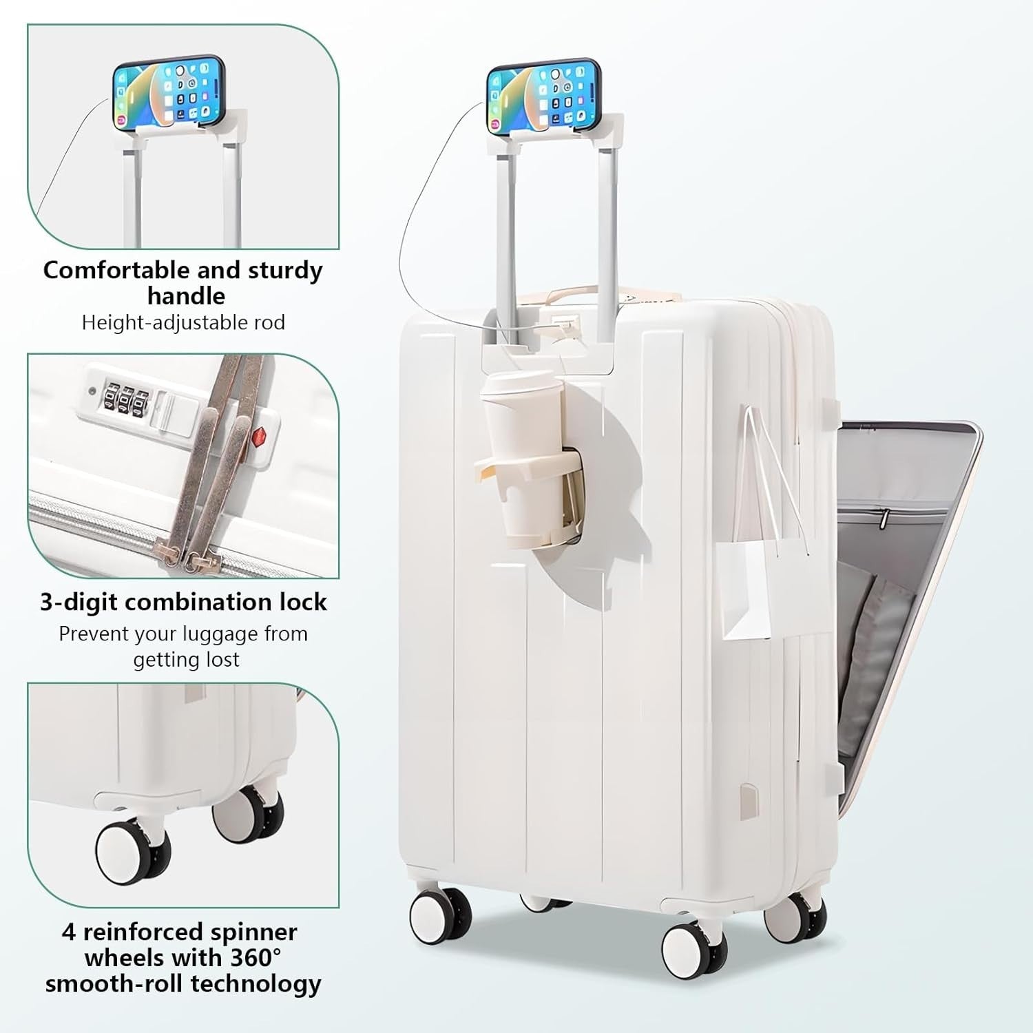 20” Carry On Cabin Suitcase USB Port Cup Holder Hard Shell Spinner