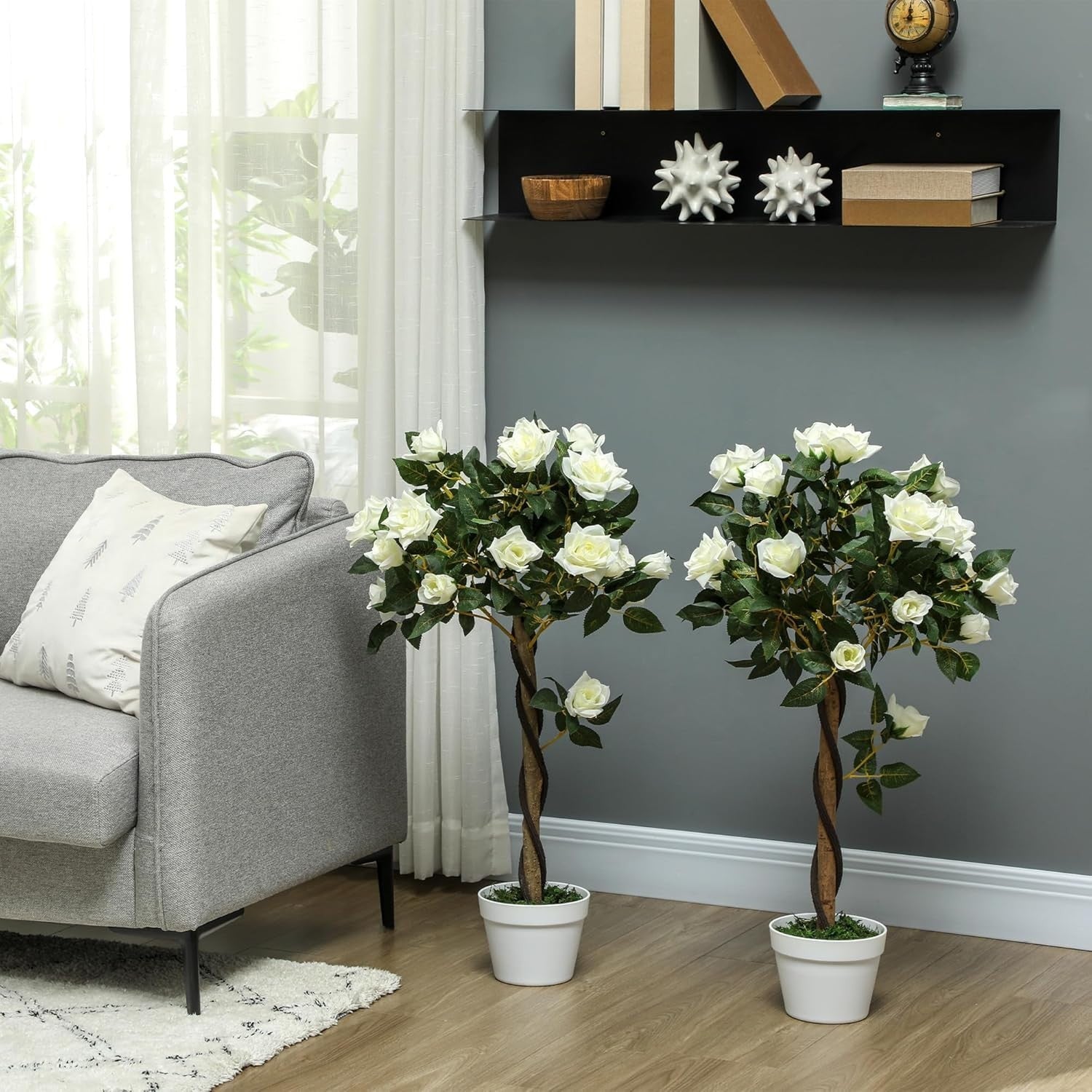 Set of 2 Artificial Rose Trees 90cm White Faux Flower Plants Home Garden Decor