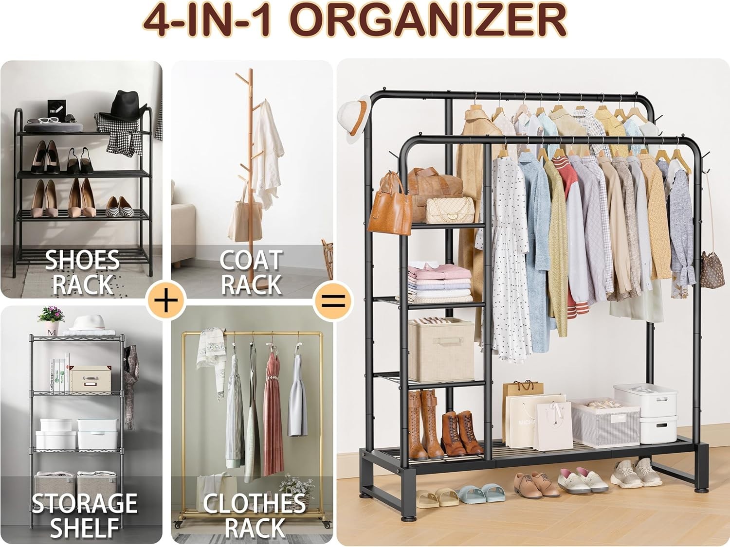 Heavy Duty Double Clothes Rail with Shelves & Hooks 80KG – Brown