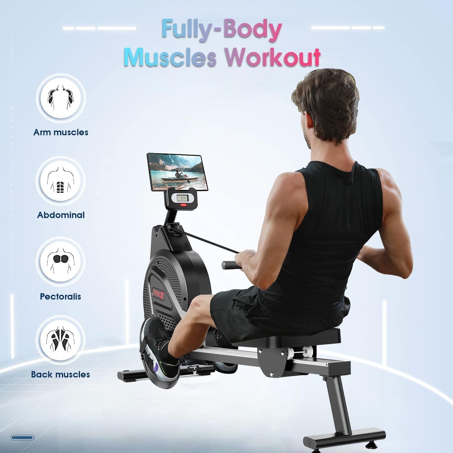 Water Rowing Machine Quiet Dual Rail LCD Home Rower Adjustable Resistance 120KG